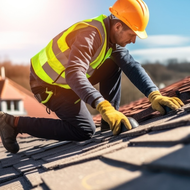 A roofer with a hard hat is laying down asphalt roofing tiles.