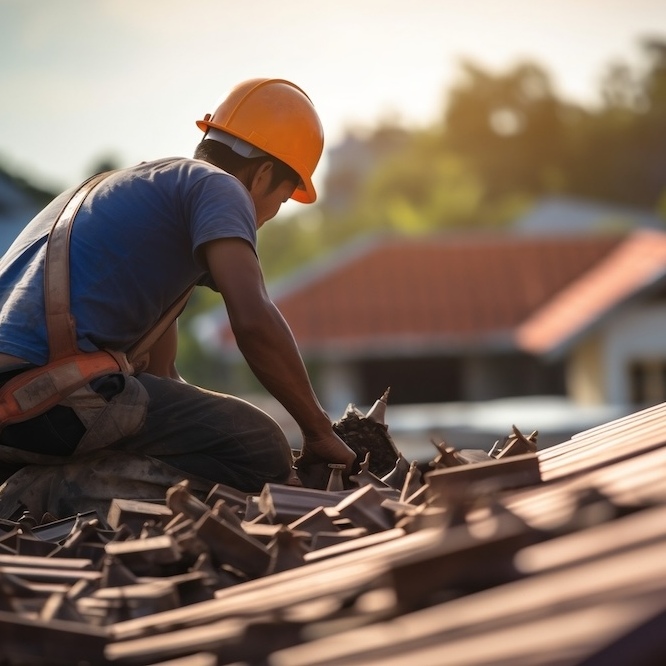 A roofer is removing roof tiles