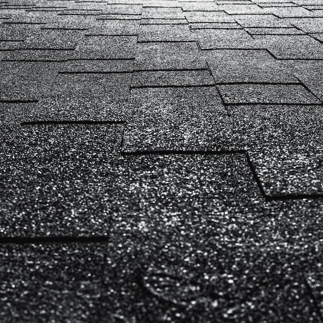 Black asphalt shingles, glistening with light.