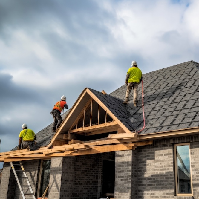 A large new-construction home is having its roof installed.