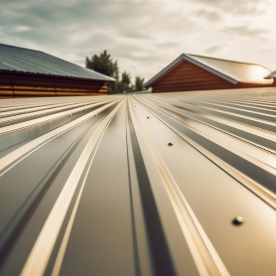 A corrugated metal roof system seen from the perspective of the roofline.