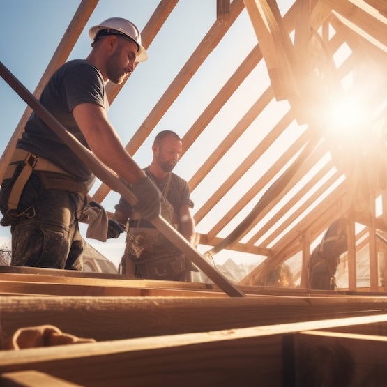 Two roofers working on the layout of a roof system.