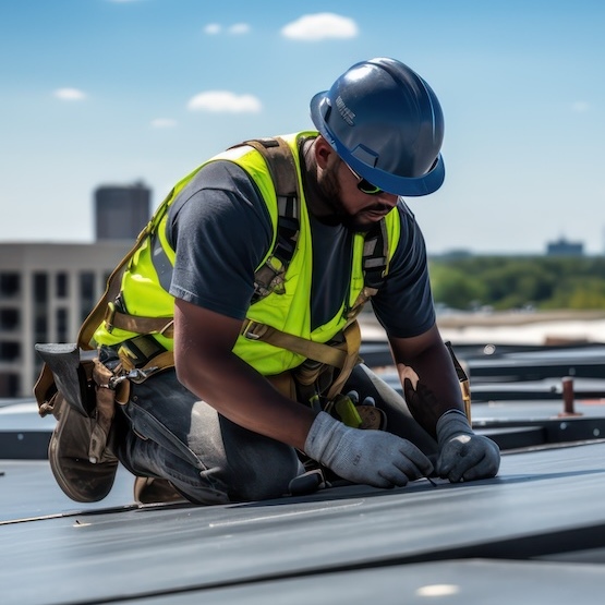 A roofer is affixing solar panels to the roof system.