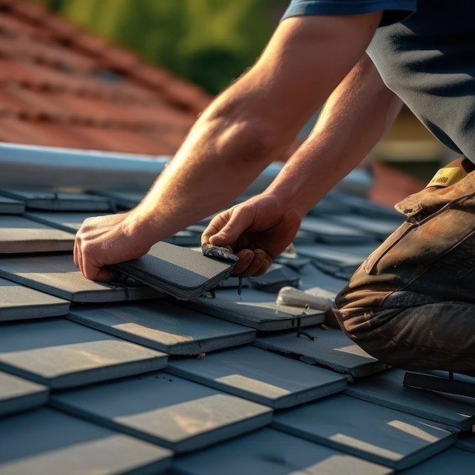 Roofer affixing roof tiles on a residential roof.