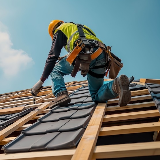 Roofer ascending roof during roof installation.