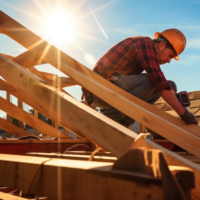 Roofer laying down shingles in the sunlight.