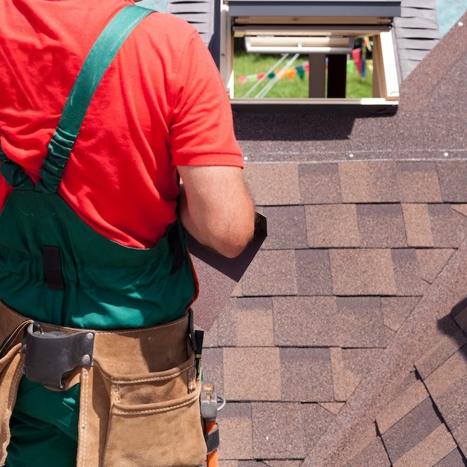 Roofer surveying repairs